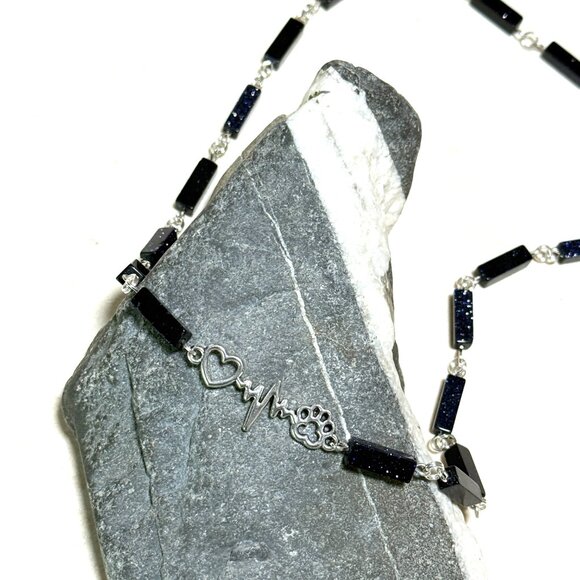 Dark Blue Goldstone Short Necklace w/ Silver Paw Print Heart Beat Charm - Picture 4 of 14